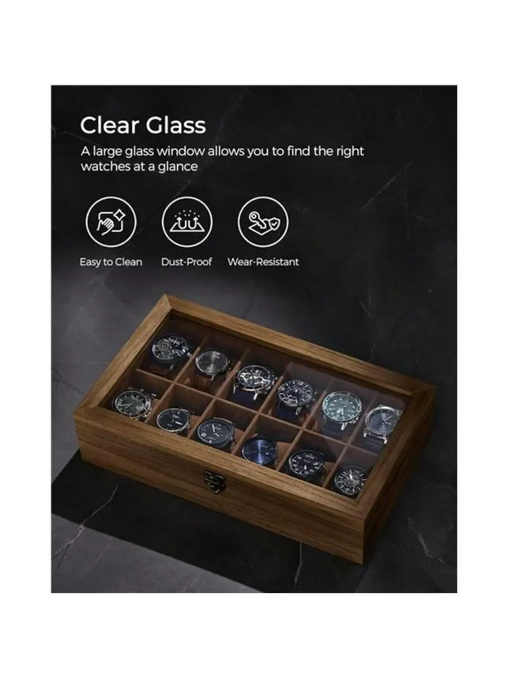 Wood Watch Box Organizer 12 Slot Glass Lid Display Case Rustic Walnut Storage